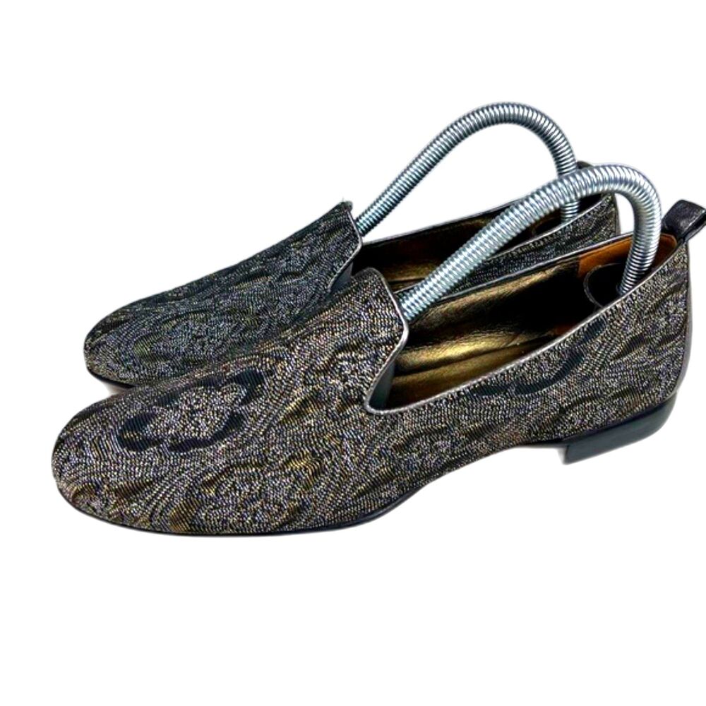 Johnston and Murphy Women Jaquard Loafers 10 40 Leather Slip On Shoes Black Gold